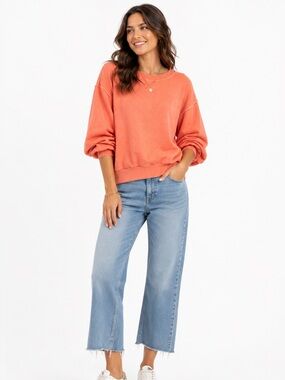 Pilcro Anthropologie Niki Sweatshirt Small Coral Bubble Sleeve Relaxed Crewneck